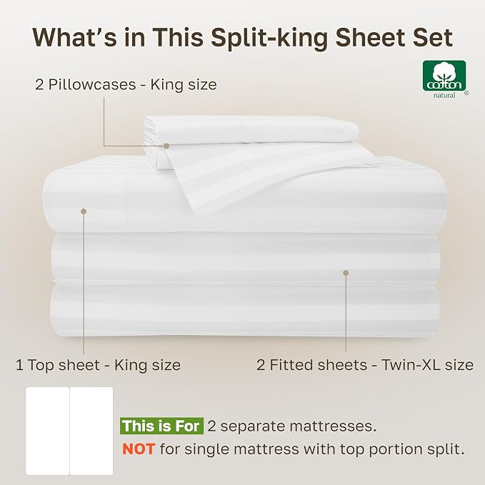 California Design Den 100% Cotton Sateen Split King Sheet Set, 5 Pcs | 500 TC with Good Housekeeping Seal, Split King Sheet Sets for Adjustable Bed with 2 Separate Twin-XL Mattresses,White Striped