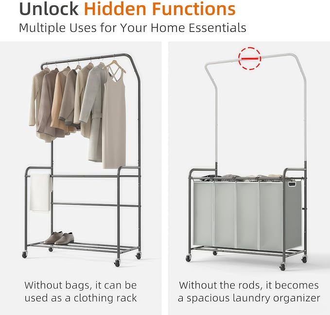 ROMOON Laundry Hamper Sorter Cart, 4 Section Organizer with Hanging Bar | 180L Rolling Laundry Basket with Heavy-duty Lockable Wheels and Clothes Rack for Laundry Room, Closet, Small Spaces, Grey