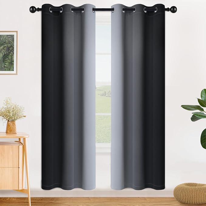 SimpleHome Ombre Black to Grey White Curtains for Living Room 42Wx72L | Room Darkening Curtains for Bedroom,Gradient Light Blocking Curtain,Thermal Insulated Grommet Window Drapes,2 Panels,72 Inch