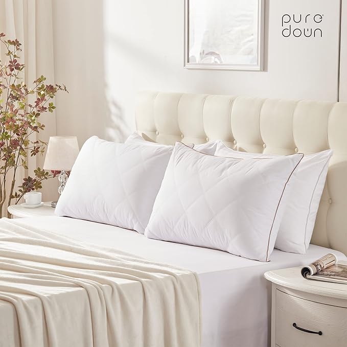 puredown® Goose Feathers and Down Pillow with Diamond Quilting with 100% Cotton Cover, Pack of 1, Queen Size