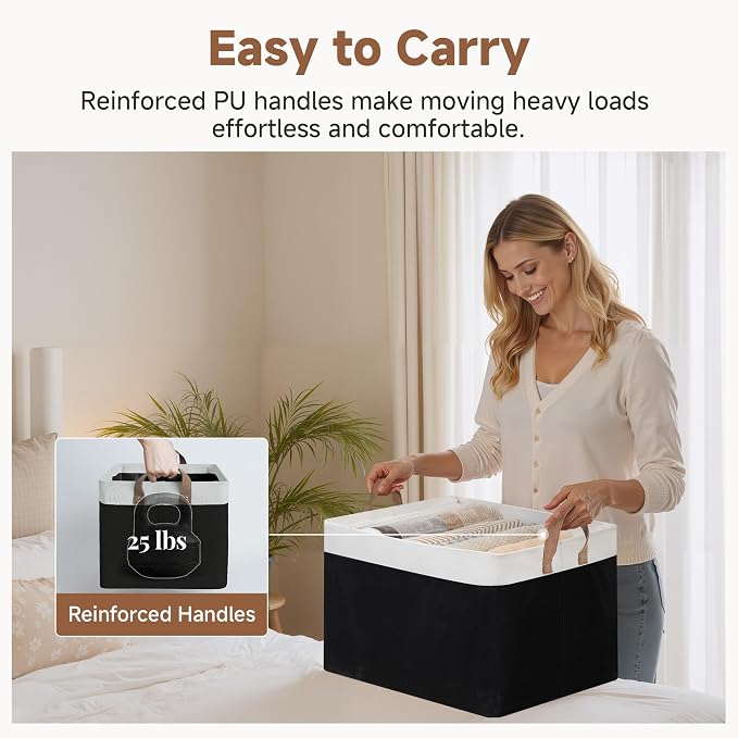 StorageWorks Fabric Storage Bins, Black and White, Jumbo, 2-Pack | With Reinforced PU Handles, 45L, Metal Frame, Collapsible, Storage Basket for Shelves, Closet, Holds Clothes, Towels, Blanket