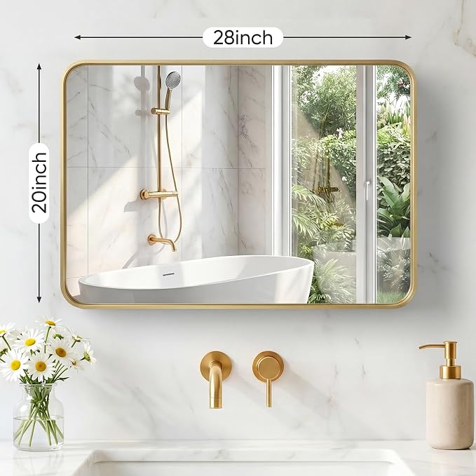 NEWBULIG Bathroom Mirror for Over Sink, 20X28 Inch Wall Vanity Mirror | Wall Mount, Tempered Glass, Anti-Rust Metal Framed, Rounded Rectangle, Farmhouse Home Decor, Gold