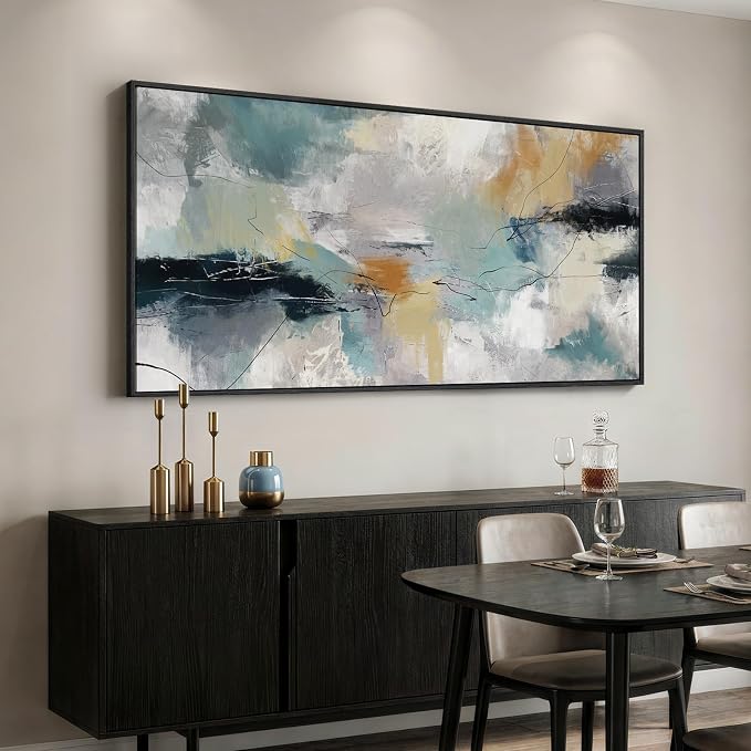 Large Framed Gray Teal Abstract Wall Art for Living Room, Horizontal 30x60 | Modern pictures, Canvas prints, Wood frame, Minimalist paintings artwork for walls, Wall decor for bedroom dining room office