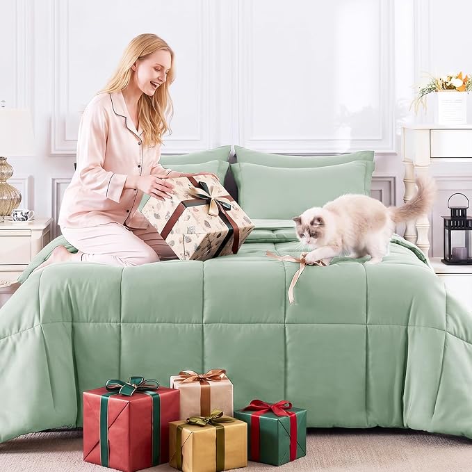 Full Size Comforter Sets, 7-Piece Bed in a Bag, Sage Green | OEKO-TEX Certified, Box-Stitched Design, 240 GSM Down Alternative Fill, All-Season Comfort, Sheets, Pillowcases & Shams