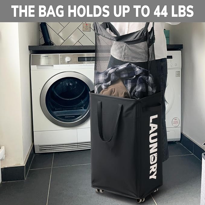 Goodpick 75L Roling Dirty Clothes Hamper with Removable Wash Bag for Dorm | Black Rolling Laundry Hamper with Wheels and Handles for Dirty Clothes, Fodable Hamper for Laundry Room