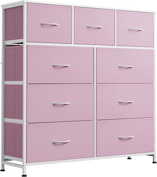 WLIVE 9 Drawer Dresser for Bedroom, Tall Chest of Drawers, A-Pink | 9 roomy fabric drawers, Tall storage design, Bedroom or closet use, Sturdy steel frame, Smooth wood tabletop