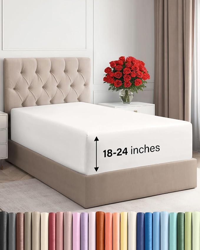 Extra Deep Twin Fitted Sheet - Single Fitted Sheet Only - Antique White | Easily Fits 18 inch to 24 inch Mattress, Soft, Wrinkle Free, Breathable & Comfy, Extra Deep Pockets Hotel Luxury Fitted Sheet