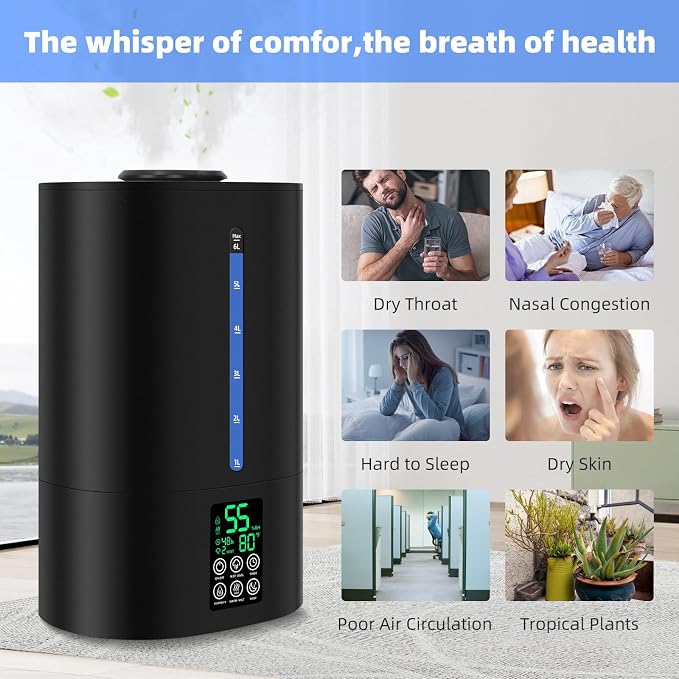 Coolfiqu 6L Warm & Cool Mist Humidifiers for Bedroom,Large Room,Plants | Quiet Top Fill Ultrasonic Humidifier,Essential Oil Diffuser, Auto Humidity Control,Hot Mist Desk Humidifiers,360° Nozzle