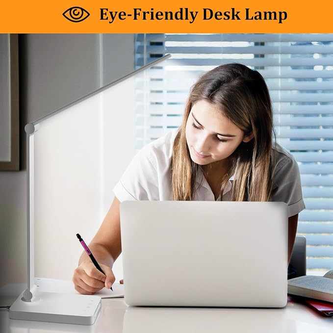 LED Desk Lamp with USB Ports,Touch Desk Lamps for Home Office with 5 Modes | 3 Brightness Desk Light with Small Night Light,Reading Lamp Table Lamp for Bedroom Bedside Study White （with adapter）