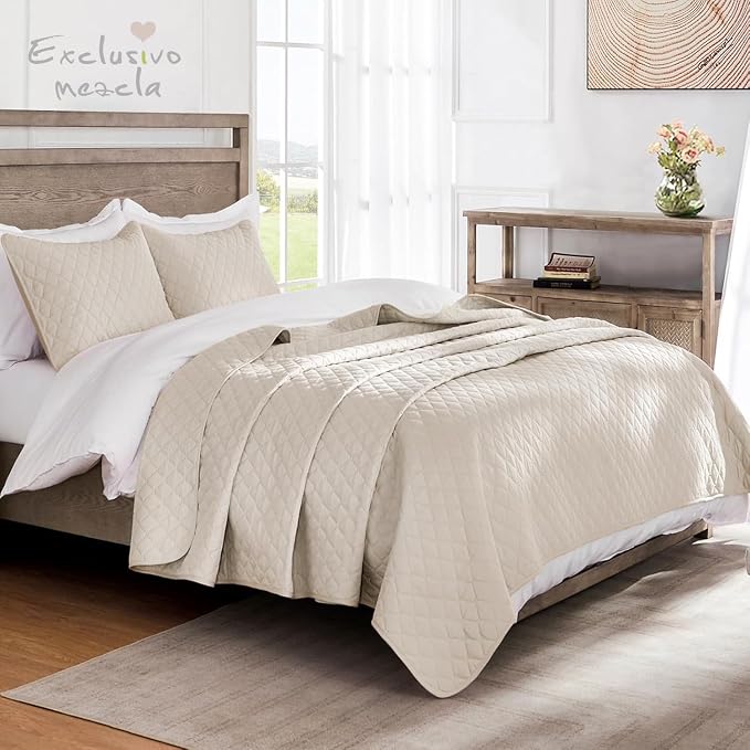 Exclusivo Mezcla Reversible Full Queen Quilt Bedding Set, Brich Beige | Lightweight Bedspreads with 2 Pillow Shams, Soft Microfiber, All Season Bed Coverlets for Bedroom Guest Room, 90x96 Inch