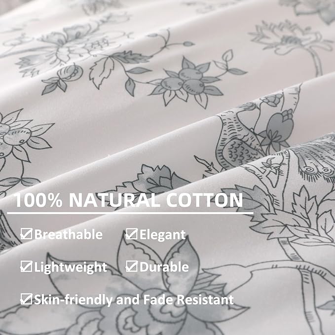 OAITE King Duvet Cover Set 3pcs 100% Cotton with Grey Line Art Floral Vine | Soft, Breathable,Long-lasting,Comfort,Dual Zipper,8 Corner Ties,Easy Care for All Season