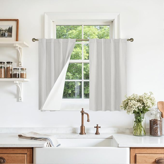 Full Blackout Linen Kitchen Window Curtains 36 Inches 2 Panels | Light Grey, Privacy Protected, Curtains for Bathroom, Basement, Rod Pocket Back Tab Panels, with White Liner, 29 x 36 Inch