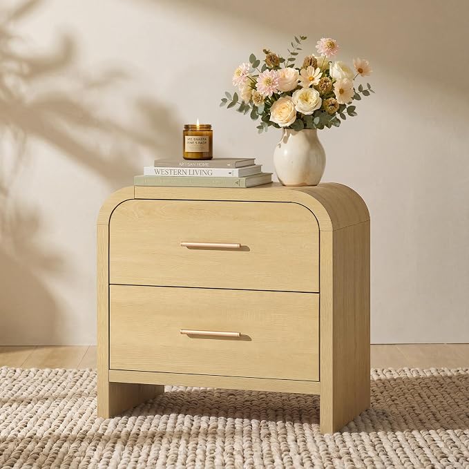Night Stand [Unique Curved Profile] [FSC-Certified Wooden Board] 2-Drawer Nightstand 24" H Metal Handle Modern Sturdy Bedside Table Side Table End Table | [Curved Profile] [FSC-Certified Wooden Board] Nightstand 24" H Metal Handle Modern Bedside Table ...