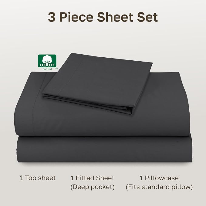 Soft Natural 100% Cotton Sateen Twin Size Bed Sheets, 3 Pc Set, Dark Grey | Backed by Good Housekeeping Seal, Light & Breathable For Hot Sleepers, All-Around Elastic, Durable, Easy Care