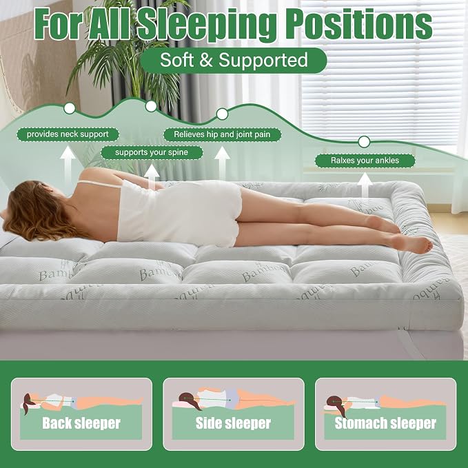 WhatsBedding 5 Inch Memory Foam Mattress Topper Queen Size for Back Pain, Cooling Bamboo Viscose Air Layer, Supportive Pillow Top Mattress Topper