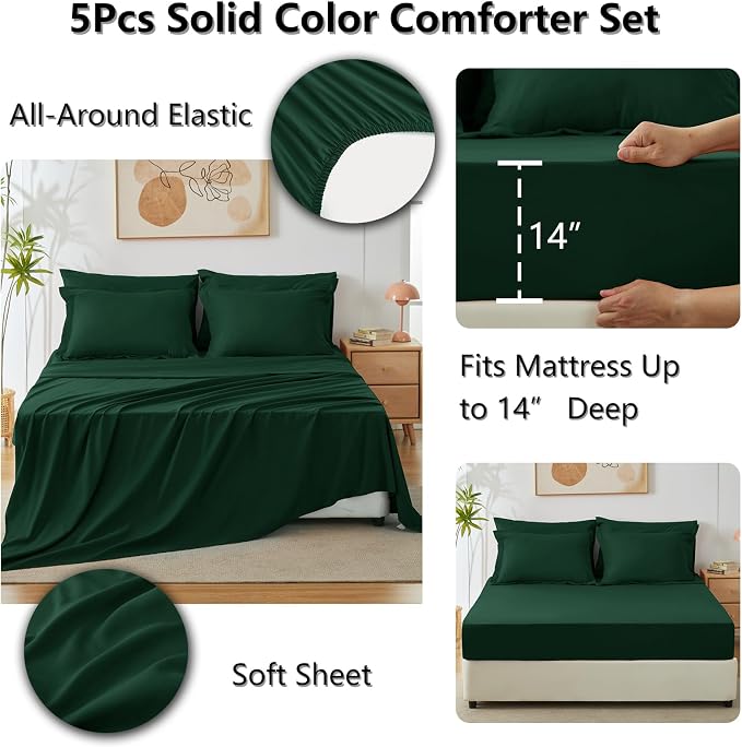Twin XL Comforter Emerald Green, 5 Pieces Bed in a Bag | College Dorm Essentials, OEKO-TEX Certified, 240GSM Down Alternative Comforter, Flat & Fitted Sheets, Pillowcase & Sham