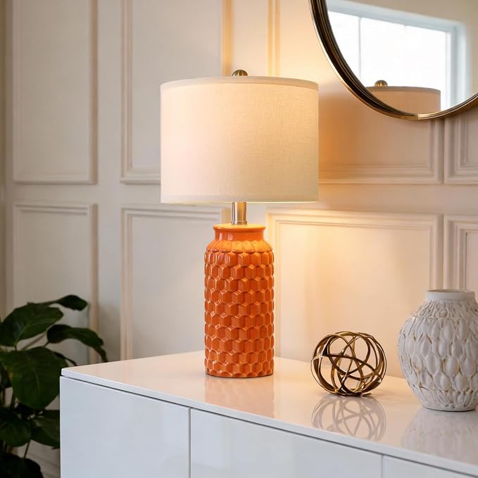 USumkky 20.5" Ceramic Table Lamps Set of 2, Modern Farmhouse Boho Bedside Lamps for Bedroom, Nightstand Lamps for Living Room End Tables, Small Desk Lamps, Orange