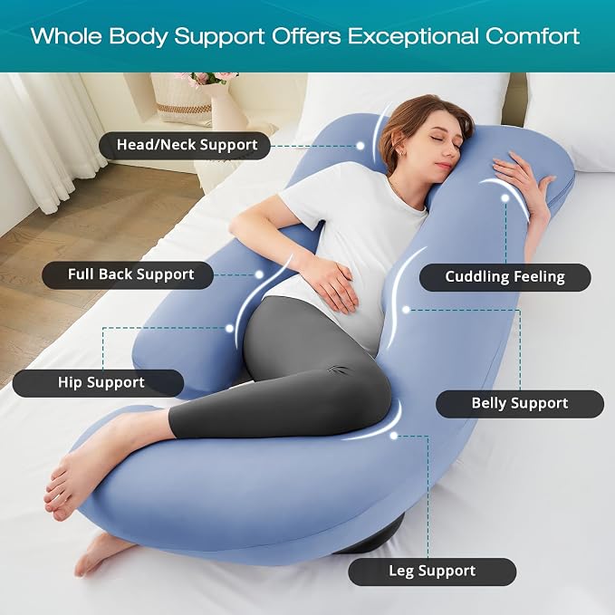 Sasttie Cooling Pregnancy Pillows for Sleeping, 57'' Full Body Pillow, Blue | Sasttie Maternity Pillow, OEKO-TEX, Down Alternative, Removable Cover, Pregnant Women Must Haves, Maternity Essential