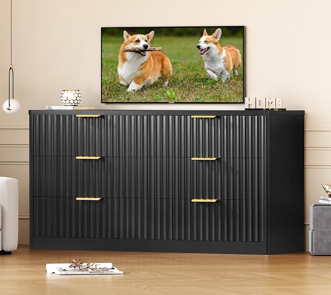 Fluted 6 Drawer Dresser for Bedroom, Wide Modern Chest of Drawers with Metal Handle, Curved Profile Design, Wood Closet Clothes Storage Organizer for Bedroom, Living Room, Hallway, Black