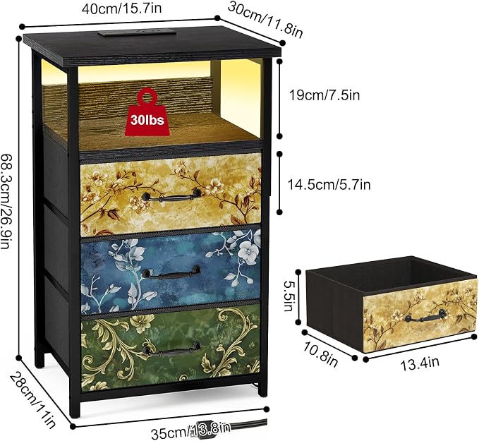 Fixwal Night Stand with 3 Fabric Drawers, Nightstand with Charging Station | vintage flower, led lights, built-in bedside charger, 2 AC outlets & 2 usb ports, 2 wooden shelves, bedroom furniture