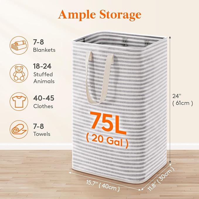 Lifewit 75L Large Collapsible Laundry Basket with Extended Handles, Grey | Foldable Laundry Hamper, Tall Dirty Clothes Basket, Waterproof, Freestanding Design for Bedroom, Bathroom, College Dorm