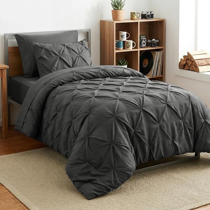 HIMEET Twin Comforter Set Dark Grey - 5 Pieces Pintuck Bed in a Bag | OEKO-TEX Certified, 240GSM Down Alternative Comforter, 14" Deep Pocket Fitted Sheet + Flat Sheet + 1 Pillowcase + 1 Sham
