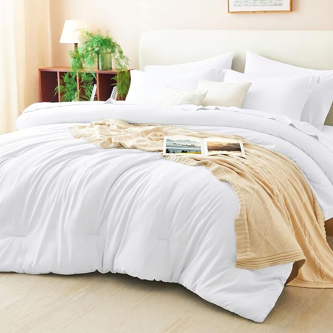 King Size Comforter Set White, 7 Pieces Bed in a Bag | OEKO-TEX Certified, All-Season, Bedroom, 240GSM Down Alternative Comforter, Flat & Fitted Sheets, 2 Pillowcases & 2 Shams