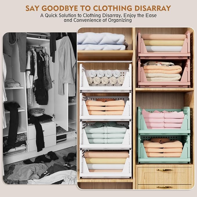 8 Pack Closet Organizers and Storage, Stackable & Foldable Closet Bins | Closet Storage Basket for Bathroom, Kitchen, Laundry Room, Drawer Shelf & Wardrobe Storage, Space-Saving Design, White