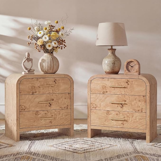 Night Stand Set of 2, 3-Drawer | [Curved Profile] [FSC-Certified Wooden Board] Nightstand 26.7"H Metal Handle Modern Bedside Table Side Table End Table