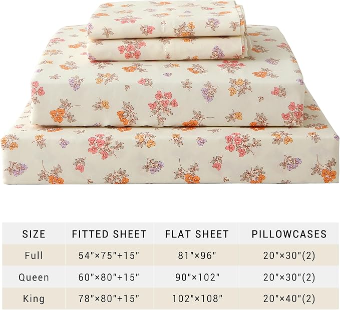 Viviland Floral King Sheet Set - 4 Piece Vintage Lavender Flower and Leaves Patterned Bed Sheets - Soft, Breathable Microfiber Sheets with Deep Pocket, Non-Slip Fitted Sheets & Pillowcases