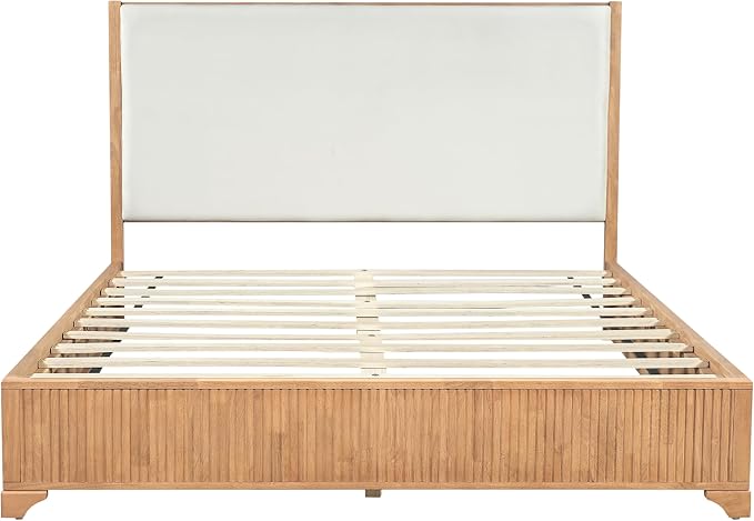 Christopher Knight Home Jill Modern Queen Bed Frame with Headboard, Bed Frame Queen with Upholstered Headboard, Wooden Queen Platform Bed Frame with Slat Supports, No Box Spring Needed, Natural+White