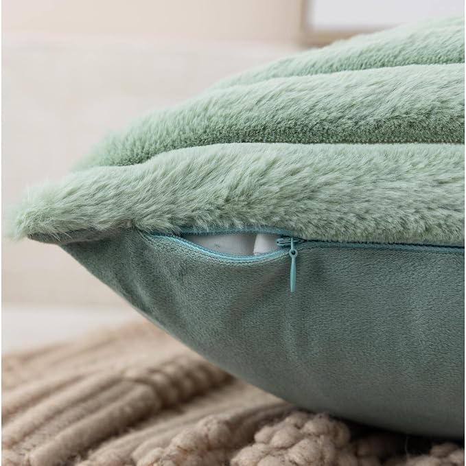 ZLINA Light Green Striped Faux Fur Throw Pillow Covers 26 x26 Inch | 2‑Pack, boho striped pillow covers,velvet back,fuzzy plush cushion covers , for sofa bed livingroom home decor