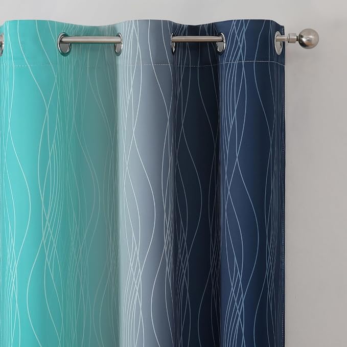Navy Blue and Teal Gradient Blackout Curtains for Bedroom 63 Inches Long | Estelar Textiler Ombre Living Room Curtains,Room Darkening,Thermal Insulated,Light Blocking Grommet Drapes,42Wx63L,2 Panels