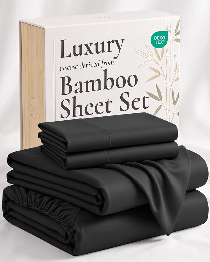 Hotel Sheets Direct 4 Piece Bed Sheet Set Queen Size, 100% Viscose Derived from Bamboo Sheets Set with 2 Pillowcases, Cooling & Breathable Luxury Bedding, Moisture-Wicking & Silky Soft Texture, Black