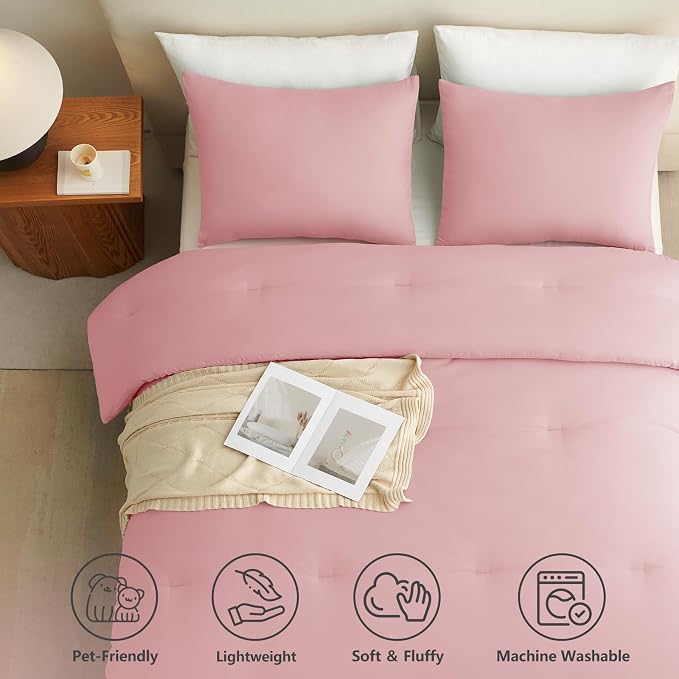 Queen Comforter Set, 3 Pieces Down Alternative Bedding, Pink | 270 GSM All Season Comforter with 4 Corner Ties for Use as a Duvet Insert, OEKO-TEX Certified, 2 Pillowcases, 88 x 88 in