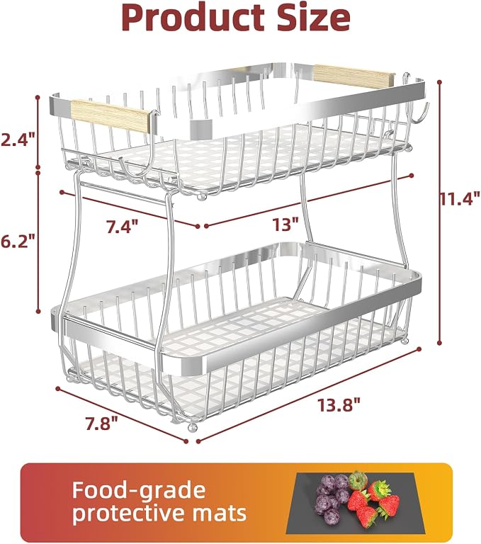 Sevenblue 2-Tier Fruit Basket with Banana Hangers, Detachable Metal Bowl | Wooden handle, protective mats included. Versatile holder for bread, snacks, and veggies. Large 2 tier metal design.