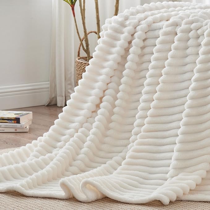 BEDELITE Ribbed Full Size Blanket for Bed, Cream, 84"x90" | Ultra-Soft Plush Fleece, Warm Yet Lightweight, Ribbed Texture, Home Decor, Machine Washable, Giftable, All-Season Use