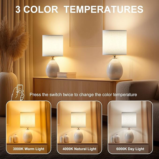 18.5" Ceramic Table Lamps Set of 2 for Living Room Bedroom, White | Bedside Lamps for Bedroom Nightstand, Ice Crackle Home Bedroom Living Room Decor, Linen Fabric Shade, 3-Color Temperature