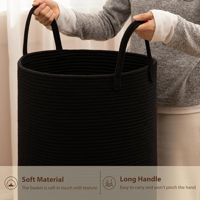 OIAHOMY 80L Nursery Hamper Laundry Basket Laundry Hamper Black | collapsible Blanket Basket Cotton Rope Woven Basket Dirty Clothes Hamper Baby Hamper Tall Clothes Hamper with Handles