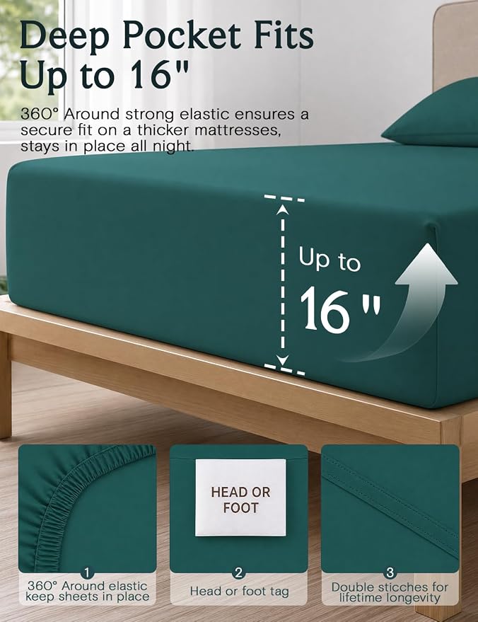 LuxClub King Size Sheets Set, Deep Pocket King Sheets Bed Sheets 4PC, Cooling Sheets King Size Breathable, Soft Hotel Luxury Bedding Wrinkle Free, Silky Fitted Sheet & Pillowcase Sets, Emerald Green | LuxClub Silky Fitted Sheet & Pillowcase Sets, Breat...