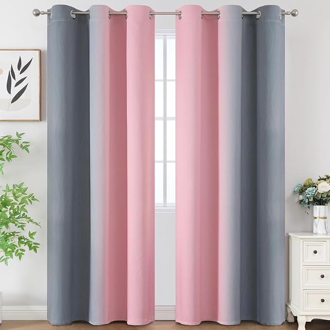 Pink and Grey Ombre Blackout Curtains for Living Room 84 Inch Long 2 Panels | Full Room Darkening Gradient Curtains for Girls Bedroom,Thermal Insulated,Light Blocking Grommet Window Drapes,42Wx84L Inch