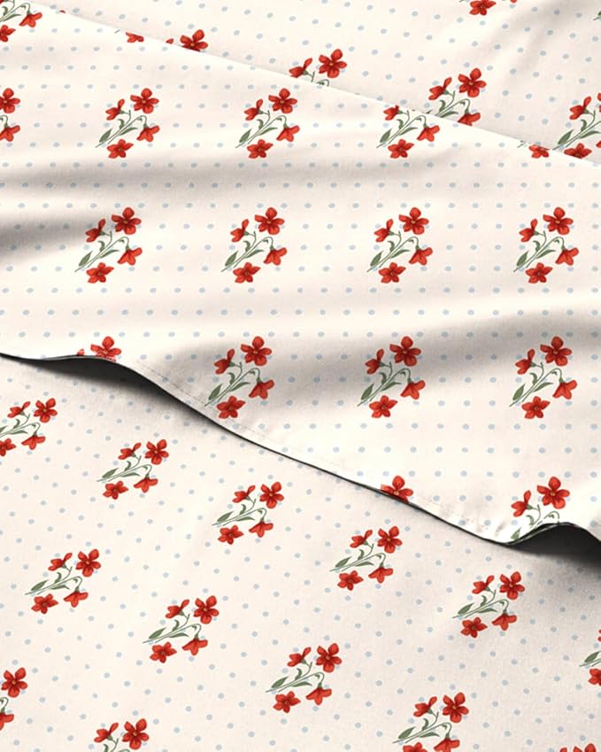Queen 4 Piece Floral Sheet Set - Breathable & Cooling - Cherry Blossom Dot | 1 Flat, 1 Fitted & 2 Pillowcases w/ Deep Pockets, Boho Botanical Floral Bedding, Breathable & Cooling, Wrinkle & Fade Free