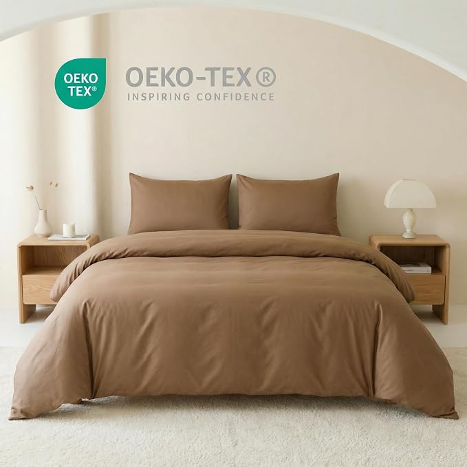 HeimenAogo Egyptian Cotton Duvet Cover King Size Sateen Weave, Silky Soft and Breathable Bedding Set with Zipper Closure, Long Staple Cotton Bed Linen Brown 3Pcs (104"×90")