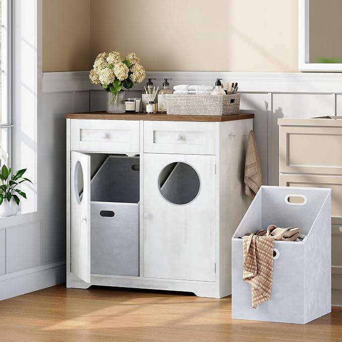 HOOBRO Double Laundry Hamper Cabinet, Hidden Laundry Cabinet with 2 Drawers & 2 Baskets, 20 Gallon Farmhouse Bathroom Laundry Hamper with 2 Clothes-Toss Holes, White and Dark Walnut WHZ36XY01