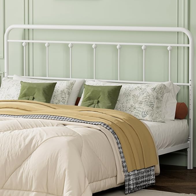 Victorian Metal King Size Headboard Only, White | 34"-44.6" Adjustable Height, Steel King Head Board with Bed Frame Brackets Adapter, Easy Assembly, Farmhouse Vintage Style
