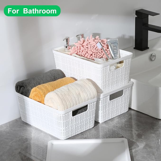 6 Pack Plastic Storage Baskets with Lid,White Stackable Bins | Durable Woven Plastic With handle Breathable,Save space,For Organizing Desktops, Closets, Playrooms, Classrooms, Offices