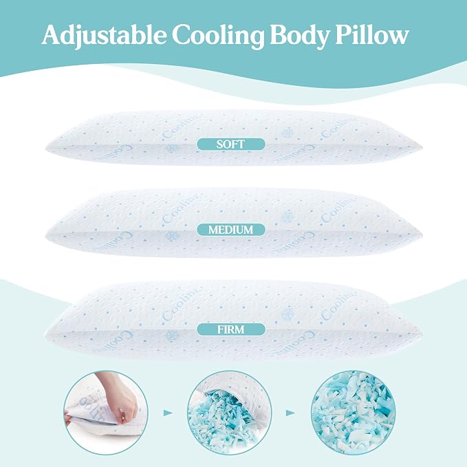Dreamood Cooling Body Pillow Shredded Memory Foam with Pillowcase for Adult | Adjustable Full Foam Pregnancy Long Bed Body Pillows for Adults Side Sleeper - with Washable Cooling Comfortable Side Cover