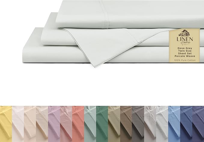 Linen Home 100% Cotton Percale Sheets Twin Size, Dove Grey, Deep Pocket, 3 Pieces Set- 1 Flat, 1 Fitted and 1 Pillowcase, Crisp Cool and Long Staple Strong Bed Linen