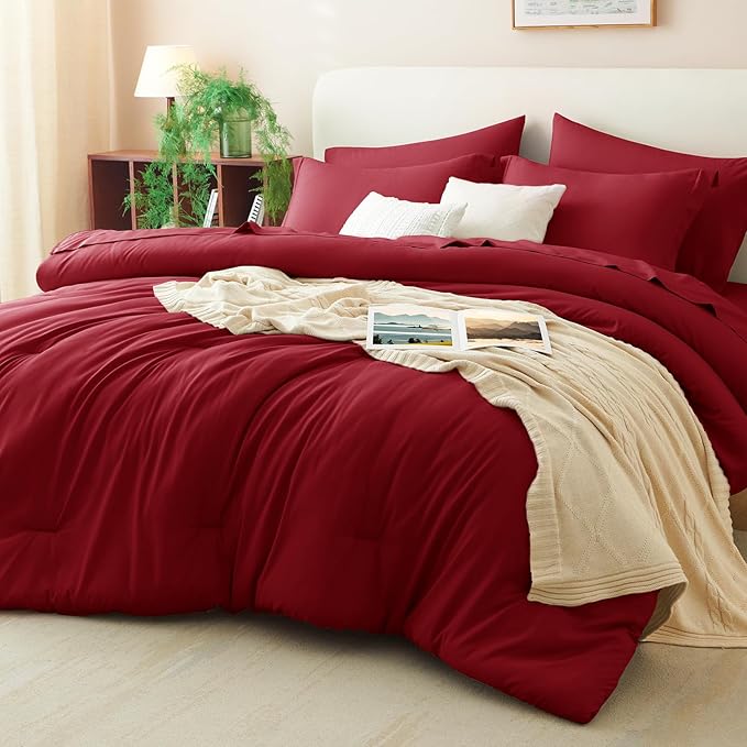 Full Size Comforter Set Dark Red, 7 Pieces Bed in a Bag | OEKO-TEX Certified, All-Season, Bedroom, 240GSM Down Alternative Comforter, Flat & Fitted Sheets, 2 Pillowcases & 2 Shams