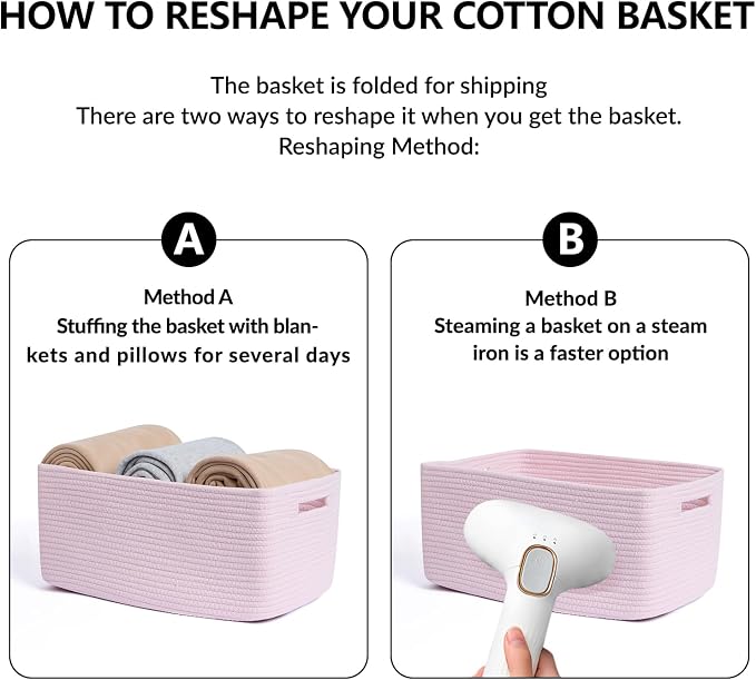 MiniArk Large Storage Baskets for Shelves, 17 x 13 x 7.5” Closet Organizers Bins for Clothes Blanket Towels, Baby Nursery, Toy Baskets Box, Woven Rope Baskets, 2 Packs Light Pink